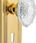 Deco Plate With Keyhole Crystal Victorian Knob Privacy Door Set 2.75 Inch Polished Brass Lead Free Crystal Solid Forged Brass Backplates