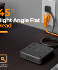 Heavy Duty Surge Protector Power Strip With An Incredibly Flat Plug 5 Foot Extension Cord In Black, showing right angle flat head design.