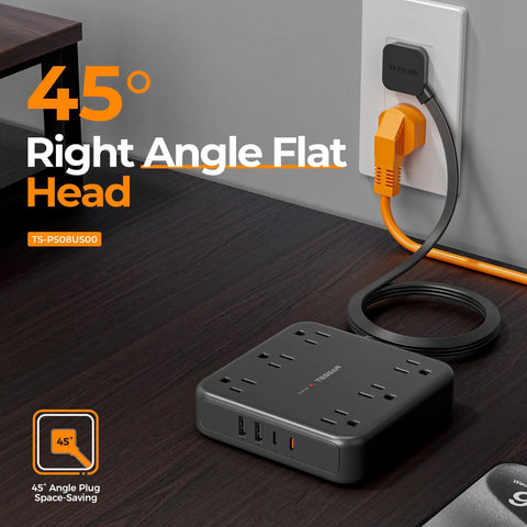 Heavy Duty Surge Protector Power Strip With An Incredibly Flat Plug 5 Foot Extension Cord In Black, showing right angle flat head design.
