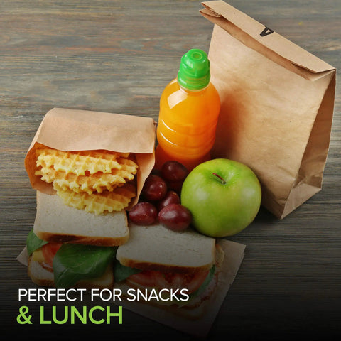 Brown Kraft Paper Lunch Bags 4 lb Capacity 100 Count Bulk Disposable Sacks with snacks and juice, ideal for school lunches.