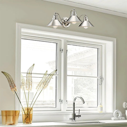 Welton 25.5 Inch Three Light Modern Farmhouse Vanity Light With Funnel Shades Gooseneck Industrial Wall Sconce in polished nickel