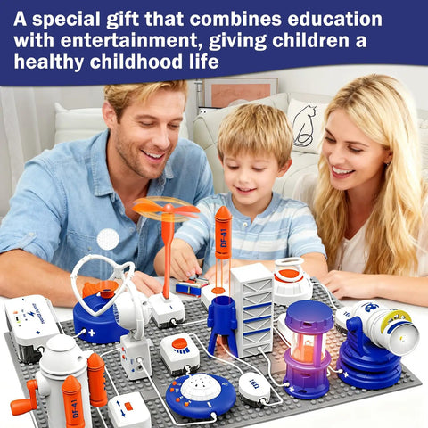 Hands On AI Powered Science Toy Set With Smart Voice Physics Circuits And Electronic Building Blocks For STEM Education 500 Plus Projects 66 Pieces Perfect Holiday And Birthday Gift For Kids Aged 3 And Up showing family playing
