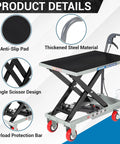 Close-up of Heavy Duty Hydraulic Lift Table Cart With 500 Lbs Capacity And Badass Powder Coated Steel Frame features like anti-slip pad and scissor design.