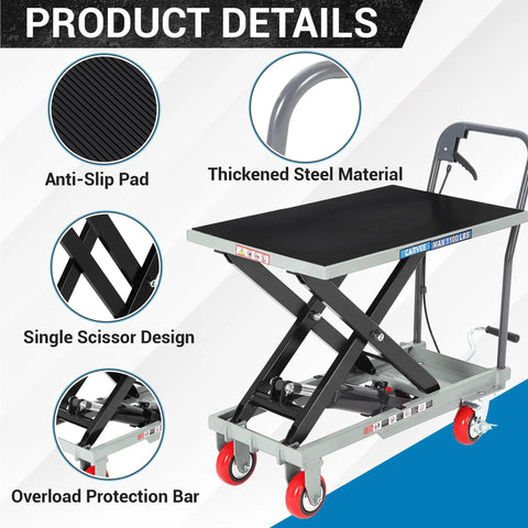 Close-up of Heavy Duty Hydraulic Lift Table Cart With 500 Lbs Capacity And Badass Powder Coated Steel Frame features like anti-slip pad and scissor design.