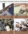Collage of uses for 33 Piece Damaged Screw Extractor Kit in electronics disassembly, furniture assembly, bicycle maintenance, and machinery servicing.