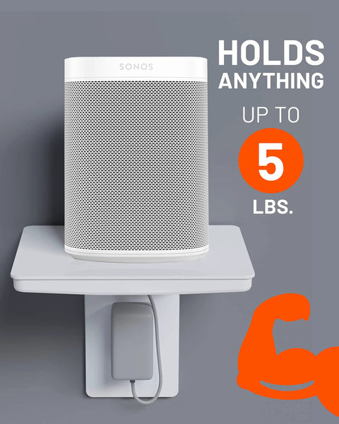 Ultra Wide Outlet Shelf With Built In Cord Storage Delivers Huge Space For Bulky Plugs And Big Devices Like Smart Speakers And Routers, Next Gen Design shown holding a speaker up to 5 lbs