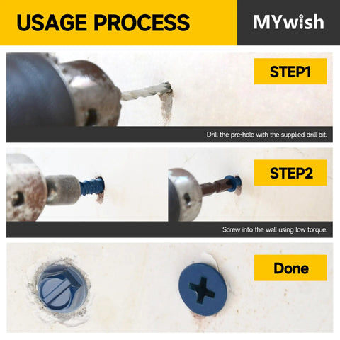 Usage process of 200 Piece Concrete Screws And Drill Bit Set For Masonry on wall surface in three steps.