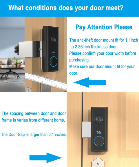 Anti Theft Doorbell Mount For Eufy Video Doorbell C210 No Drill Rust Proof Keeps Doorbell Sensor Clear on an inward-swinging door.
