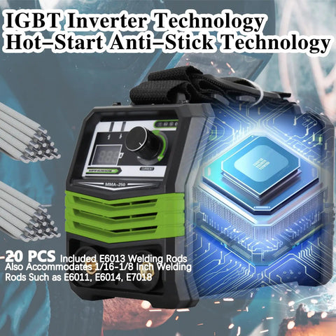 Portable 110V 250A MMA ARC Welder For Home DIY with digital display, inverter technology, and welding rods