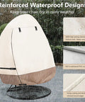 Patio Hanging Egg Chair Cover Waterproof Heavy Duty Outdoor Double Seat Swing Cover With Stand Beige And Brown Fits Up To 66W X 43D X 68H No Brainer Easy On Off Front Zippers shown on chair in rain with material details