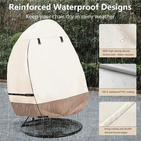 Patio Hanging Egg Chair Cover Waterproof Heavy Duty Outdoor Double Seat Swing Cover With Stand Beige And Brown Fits Up To 66W X 43D X 68H No Brainer Easy On Off Front Zippers shown on chair in rain with material details