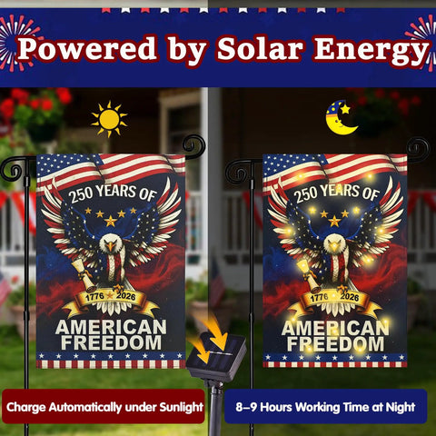 Lit 250th Anniversary USA Garden Flag With Solar LED Double Sided Patriotic Banner Celebrating 1776 2026 250 Years Of American Freedom 12 X 18 Inch Eagle Design displayed day and night on porch