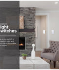 Dimmer Switch With Toggle On Off White Finish for single pole and three way wiring in a living room setting near fireplace.