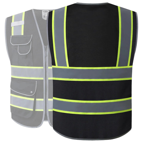 Front and back view of 9 Pocket Hi Vis Safety Vest With Zip Front Mesh In Black Dual Tone Reflective Strips Lightweight Breathable
