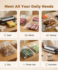 Heavy Duty Vacuum Sealer Machine with 95KPa Suction full auto food sealer shown sealing various food types in kitchen settings.