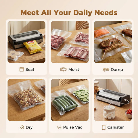 Heavy Duty Vacuum Sealer Machine with 95KPa Suction full auto food sealer shown sealing various food types in kitchen settings.