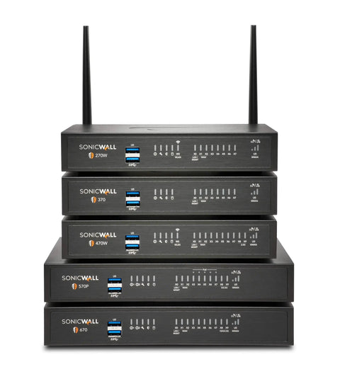 Legit Gen7 Firewall Packs Four Gigabits Per Second And Three Year Advanced Protection Suite showing stacked SonicWall devices.