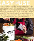 Person using Stainless Steel Countertop Compost Bin 1.3 Gallons Odorless No Stink With Carbon Filter Airtight Lid Indoor Kitchen Companion