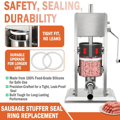 2 Pack Silicone Sausage Stuffer Gasket Sealing Rings Replacement Parts For Hakka VEVOR Weston LEM 3L 5L 7L vertical and horizontal machines, leakproof seal and easy clean, includes spiral cleaning brush visual.