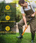Gardener using Heavy Duty Garden Fork With 4 Tines 45 Inch Spading Fork Steel Handle And Enhanced D Handle in a garden.