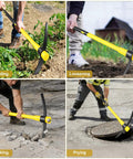 Four images showing 36 Inch Pick Mattock With Heavy Duty Rail Steel Head And Fiberglass Handle used for weeding, loosening, breaking, and prying.