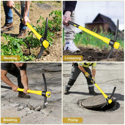 Four images showing 36 Inch Pick Mattock With Heavy Duty Rail Steel Head And Fiberglass Handle used for weeding, loosening, breaking, and prying.