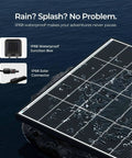 Two Pack 320 Watt N Type Solar Panel Kit with 18 Busbar Cells, showing IP68 waterproof features and water splashing.