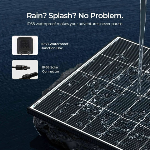 Two Pack 320 Watt N Type Solar Panel Kit with 18 Busbar Cells, showing IP68 waterproof features and water splashing.