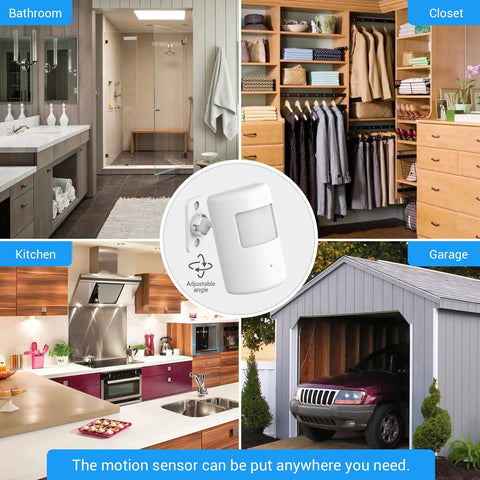 Motion Sensor Switch With Outlet Plug-In For Home Use shown in bathroom, closet, kitchen, and garage settings.