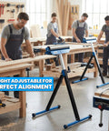 Folding Beefy Roller Stand Heavy Duty Steel Support With 60Kg Load Capacity Portable Infeed Outfeed Roller For Table Saw Planer Woodworking And Workshop In One Pack in use at a workshop.