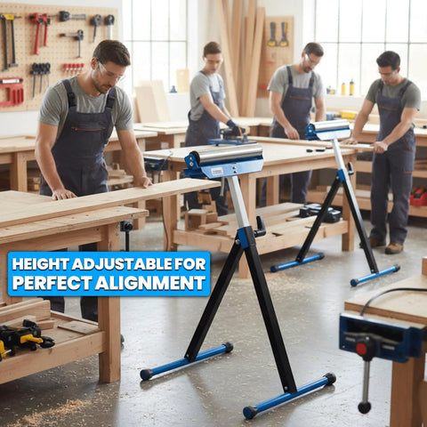 Folding Beefy Roller Stand Heavy Duty Steel Support With 60Kg Load Capacity Portable Infeed Outfeed Roller For Table Saw Planer Woodworking And Workshop In One Pack in use at a workshop.