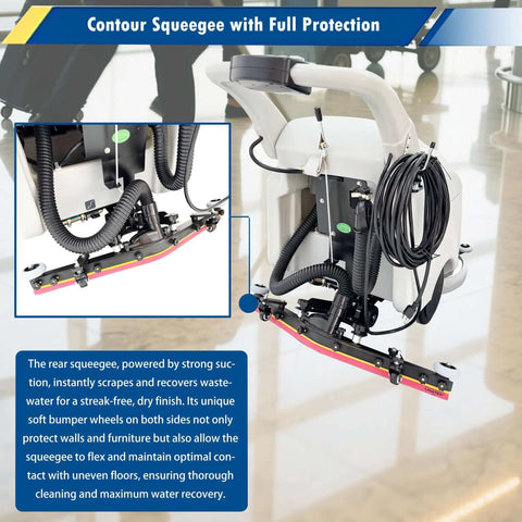 Image of Heavy Duty Industrial Corded Floor Scrubber Workhorse with contour squeegee attachment in a commercial space.