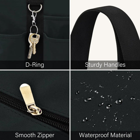 Close-up of Ultra Large Waterproof Tote Bag For Women With 12 Pockets And Top Zipper Closure, showing D-Ring, sturdy handles, smooth zipper, and waterproof material.