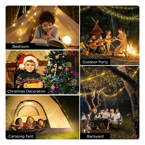 Camping String Lights 32.8 Ft Rechargeable 4 In 1 Quick Storage Tent Lights With 8 Lighting Modes displayed in various settings.
