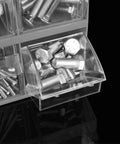 Clear Stackable Hardware Organizer Bins Set With 21 Small Storage Bins for Nails Screws Nuts Bolts and More, showing bolts in clear drawer