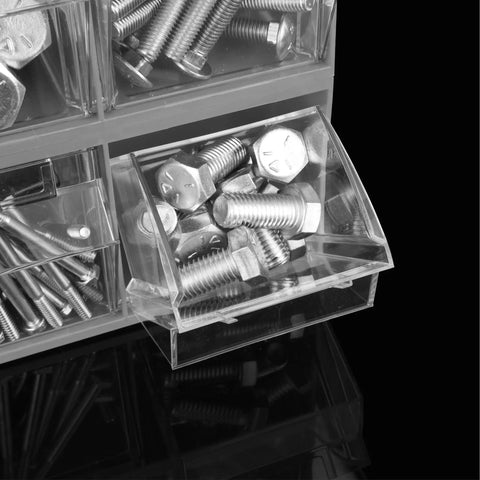 Clear Stackable Hardware Organizer Bins Set With 21 Small Storage Bins for Nails Screws Nuts Bolts and More, showing bolts in clear drawer