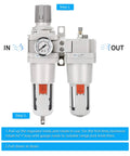 Front view of One Inch NPT Compressed Air Filter Regulator Lubricator Combo With Water And Oil Trap Separator Gauge Zero To One Hundred Fifty PSI Five Micron Brass Element Poly Bowl Semi Auto Drain Metal Bracket High Flow 176 SCFM At 90 PSI.