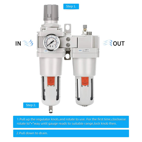 Front view of One Inch NPT Compressed Air Filter Regulator Lubricator Combo With Water And Oil Trap Separator Gauge Zero To One Hundred Fifty PSI Five Micron Brass Element Poly Bowl Semi Auto Drain Metal Bracket High Flow 176 SCFM At 90 PSI.