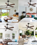 Top Shelf 42 Inch Ceiling Fan With Led Light and Smooth Quiet Motor Reversible Walnut Blades Remote Control Operation in living room, bedroom, dining room, and outdoor patio.