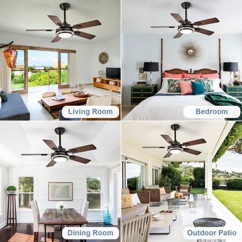 Top Shelf 42 Inch Ceiling Fan With Led Light and Smooth Quiet Motor Reversible Walnut Blades Remote Control Operation in living room, bedroom, dining room, and outdoor patio.