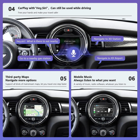 Wireless CarPlay Android Auto Retrofit Kit For BMW Mini Cooper NBT System 2014 To 2018 Upgrade To Factory Screen showcasing interface and navigation options.