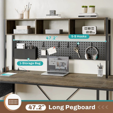 L Shaped Desk With Power Outlet And LED Lights, 94.5 Inch Home Office Desk With pegboard and storage shelves, walnut brown