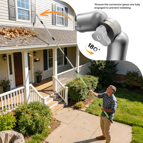 Man using 13 Foot Gutter Cleaning Tool From The Ground With 3 In 1 Gutter Cleaner Replaceable Brush Shovel And Scraper to remove leaves.