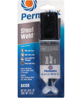 Packaging of Permatex Steel Weld epoxy adhesive showing tube with details on cure time and bond strength up to 4500 PSI.