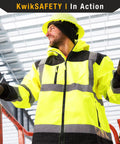 Man wearing Galaxy Limited Edition Pattern Class Three Reflective Softshell Jacket Water Resistant Breathable Fleece Lined High Visibility Safety Gear For Construction Workers Road Crews And More In Yellow Xl Size