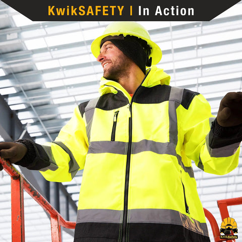 Man wearing Galaxy Limited Edition Pattern Class Three Reflective Softshell Jacket Water Resistant Breathable Fleece Lined High Visibility Safety Gear For Construction Workers Road Crews And More In Yellow Xl Size