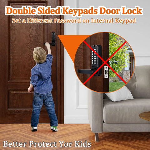Child interacts with Keyless Entry Digital Door Lock With Dual Keypad, Front Door and Gate Lock For Outdoor Fence, Black, indoors.