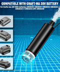 Heavy Duty 635 GPH Submersible Water Pump With Integrated Sediment Filter And 9.8 Foot Rise submerged in a pool with Craftsman batteries nearby.