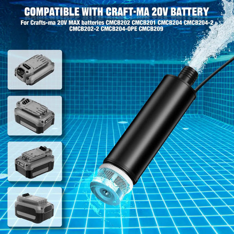 Heavy Duty 635 GPH Submersible Water Pump With Integrated Sediment Filter And 9.8 Foot Rise submerged in a pool with Craftsman batteries nearby.