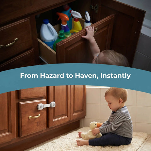 10 Pack Child Safety Cabinet Locks Easy Install Plastic Latches For Cabinets Drawers Fridge Oven Toilet Kitchen Cupboards And Appliances Gray Durable Plastic Construction For Kid Proofing In Every Room showing cabinet safety with child